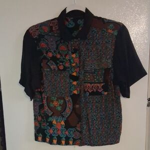 Men's Short Sleeve Patterned Shirt - Black with Multicolor Print